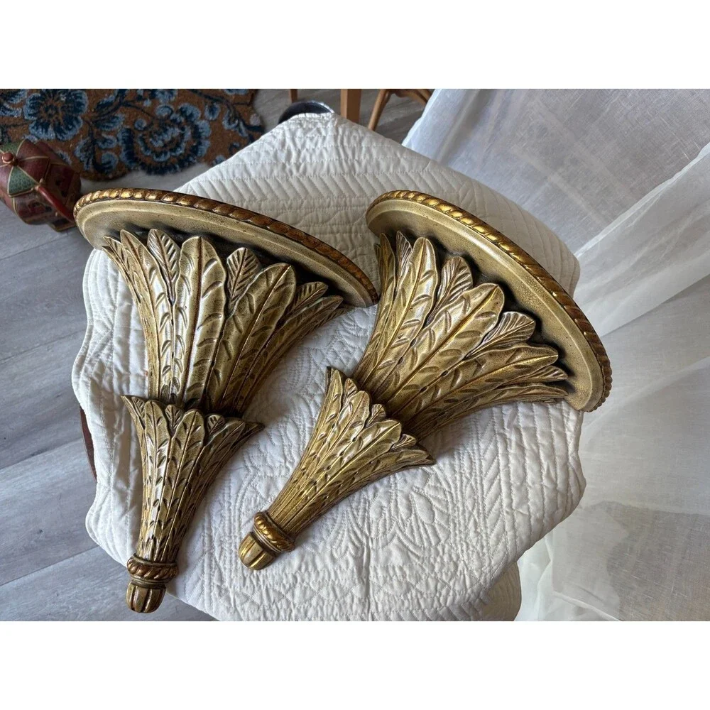 2 Maitland-Smith Gold Leaf Wall Shelves Corbels Sconce Acanthus Leaf Indonesia